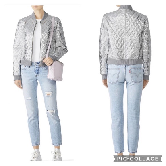 Nicole Miller Artelier Silver Quilted Lamb Leather Bomber Jacket Small - Picture 2 of 9